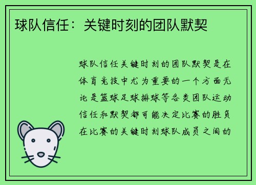 球队信任：关键时刻的团队默契