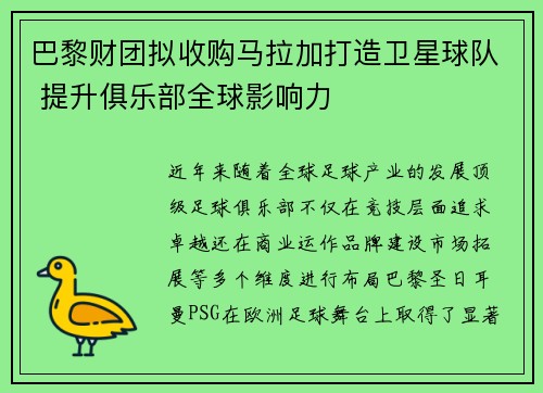 巴黎财团拟收购马拉加打造卫星球队 提升俱乐部全球影响力